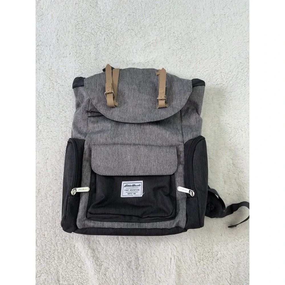 Eddie Bauer First Adventure Backpack Diaper Bag Gray Black Travel Pack Read